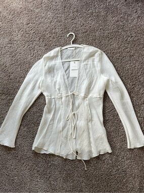 ZARA ZW Collection Tie Blouse Oyster White NWT Size L